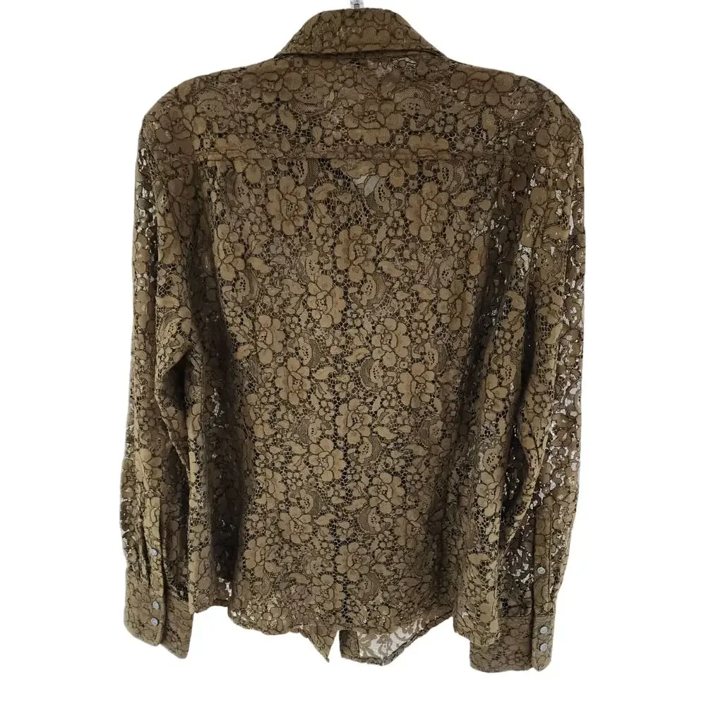 J Crew Olive Green Lace Button Up Blouse Womens Size 12 Sheer Floral Top